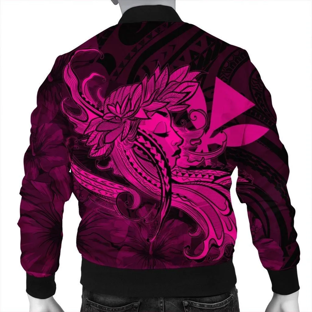 Hawaiian Map Hula Girl Hibiscus Kanaka Polynesian Bomber Jacket - Pink