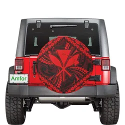Hawaiian Kankaka Map Hibiscus Kanu Polynesian Red Spare Tire Cover AH