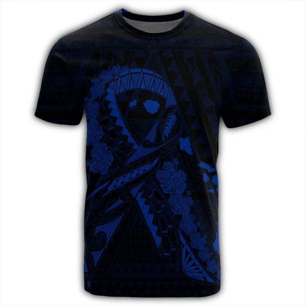 Hawaiian Map Heart Ribbon Cancer Hibiscus Blue Polynesian T-Shirt - AH