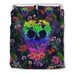 Hawaiian Skull Tropical Hibiscus Plumeria Flower Polynesian Bedding Set