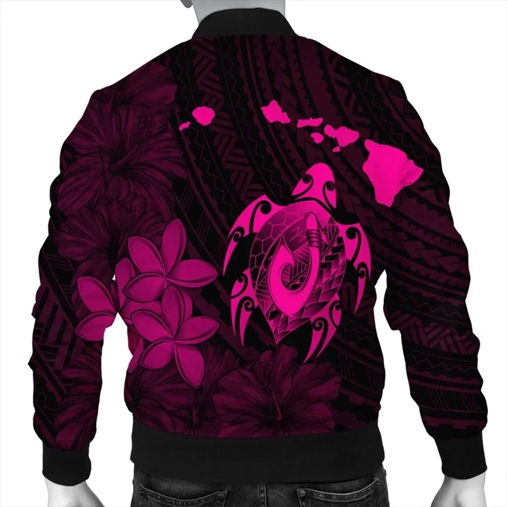 FamilyGater Jacket - Hawaiian Map Turtle Plumeria Hibiscus Fish Hook Polynesian Bomber Jacket Pink - AH - J5R