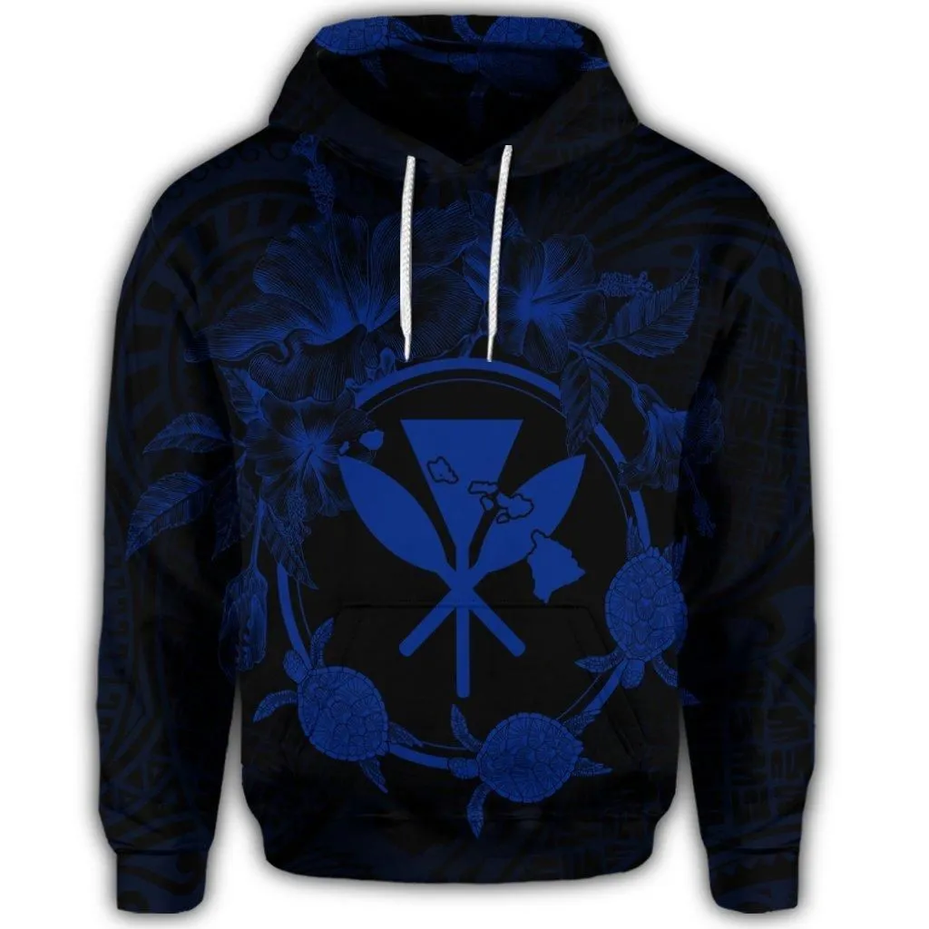 Hawaiian Kanaka Turtle Hibiscus Polynesian Hoodie - Anthea Style Blue
