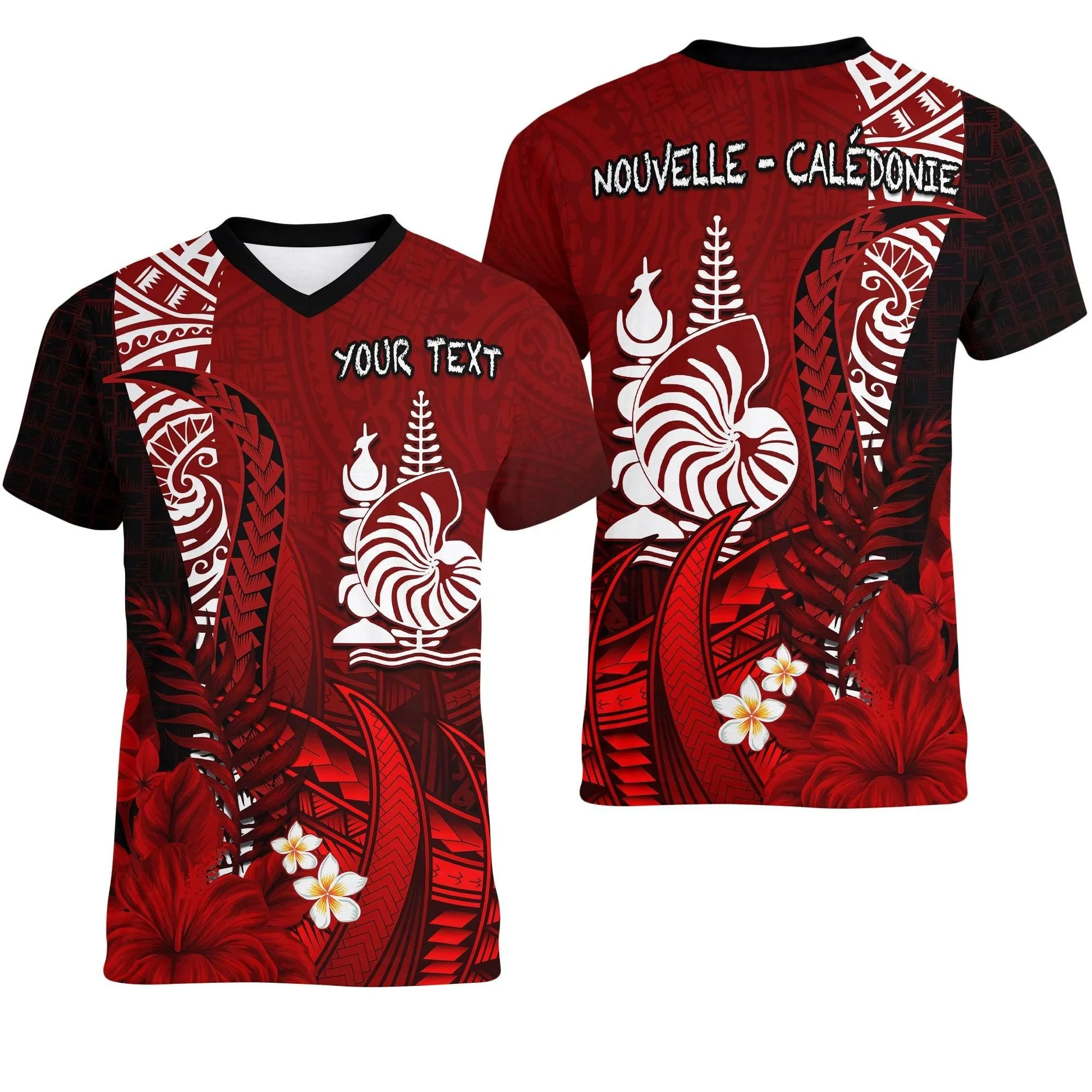 (Custom Personalised) New Caledonia V-Neck T Shirt Nautilus Red Polynesian Hibiscus LT13