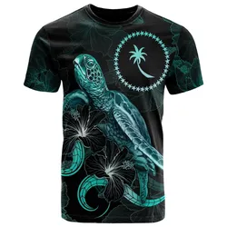 Chuuk Polynesian T Shirt - Turtle With Blooming Hibiscus Turquoise
