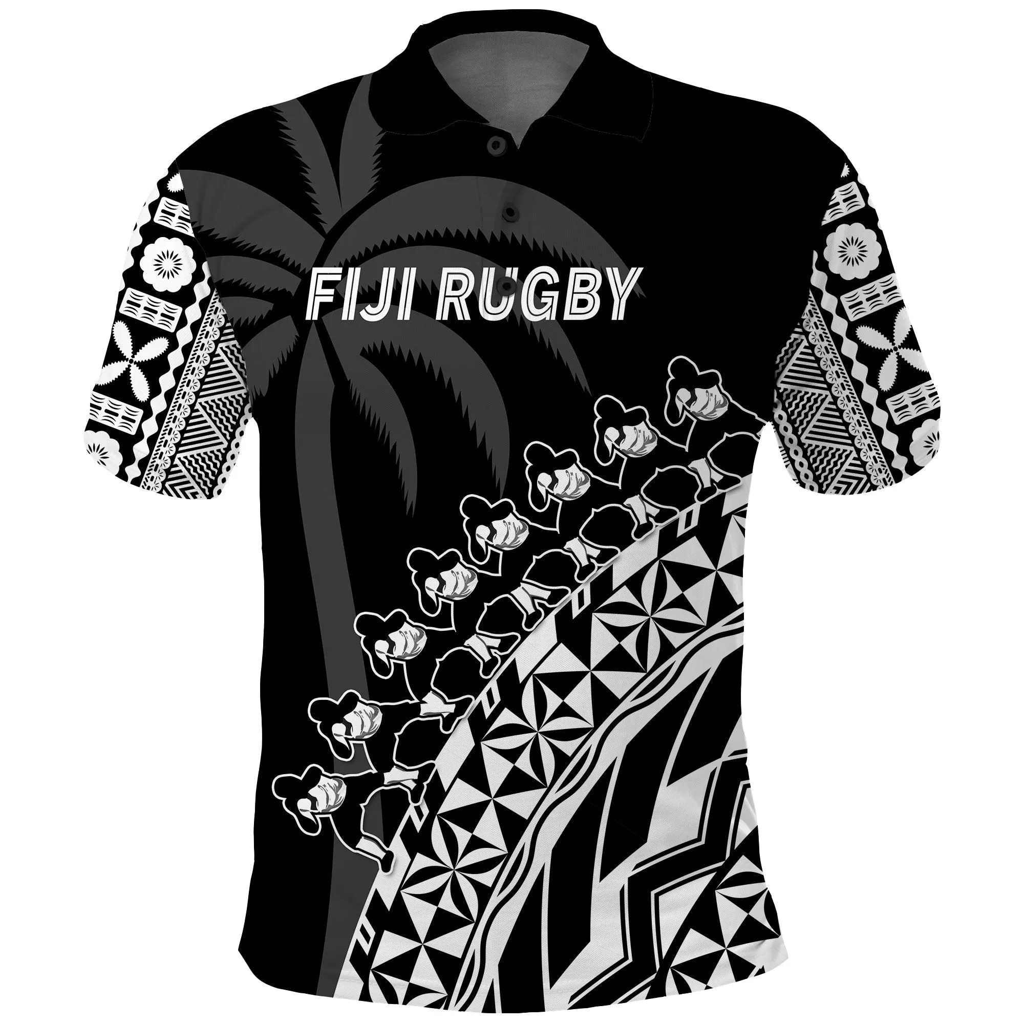 (Custom Text And Number) Fiji Rugby Polo Shirt Fijian Cibi Dance Tapa Pattern Black LT14