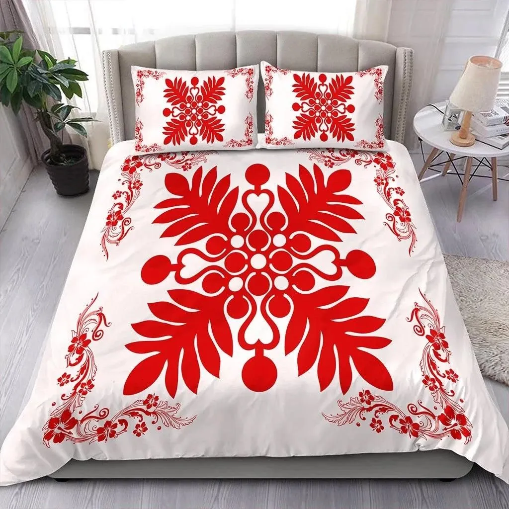 Alohawaii Home Set - Hawaiian Quilt Maui Plant And Hibiscus Pattern Bedding Set - Red White - AH J8