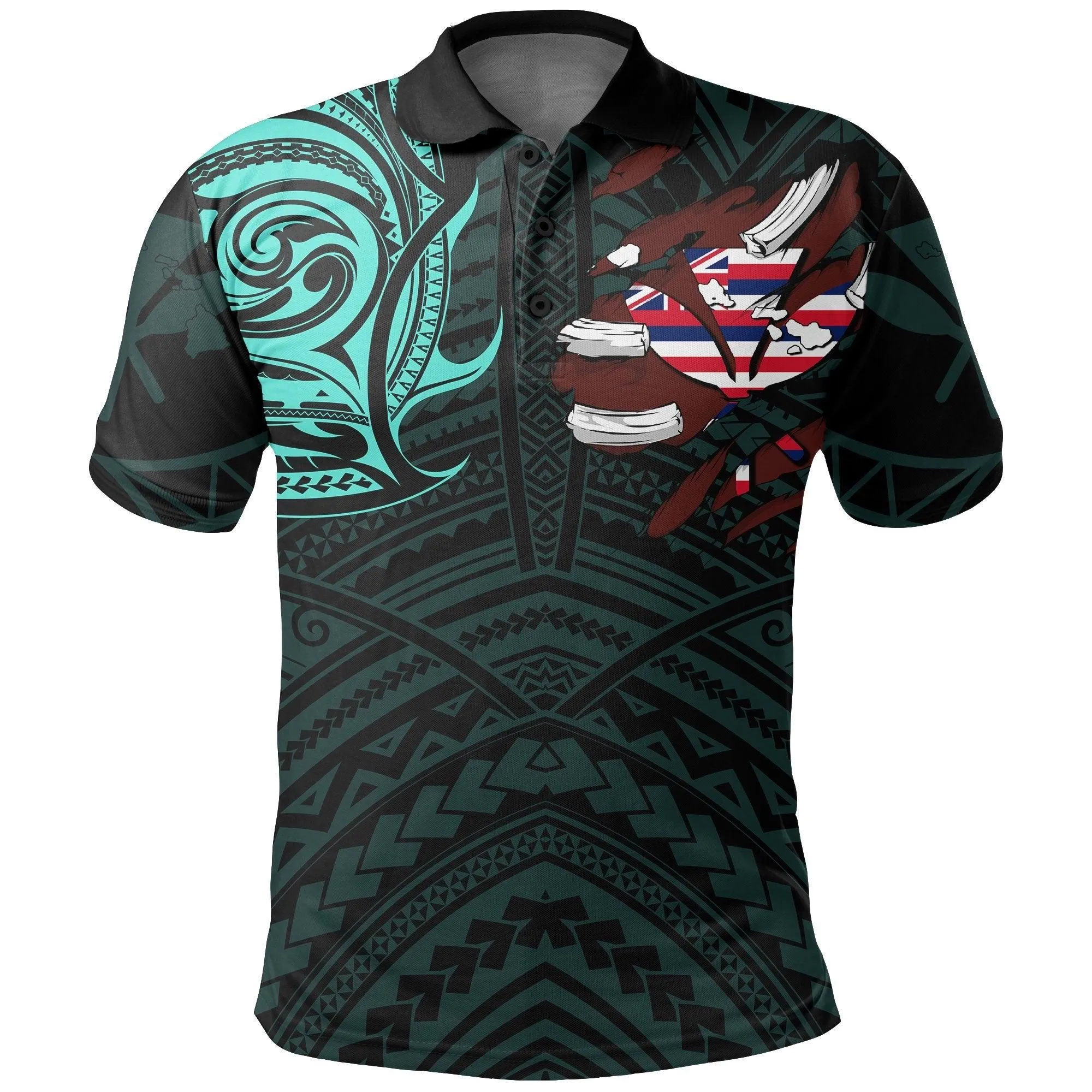 Hawaiian Kanaka Polo Shirt Heart Tattoo Turquoise AH