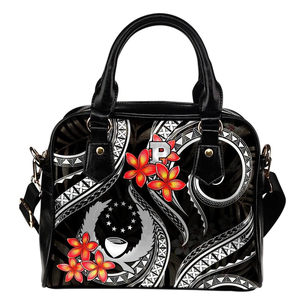 Pohnpei Micronesian Shoulder Handbag - Black Plumeria
