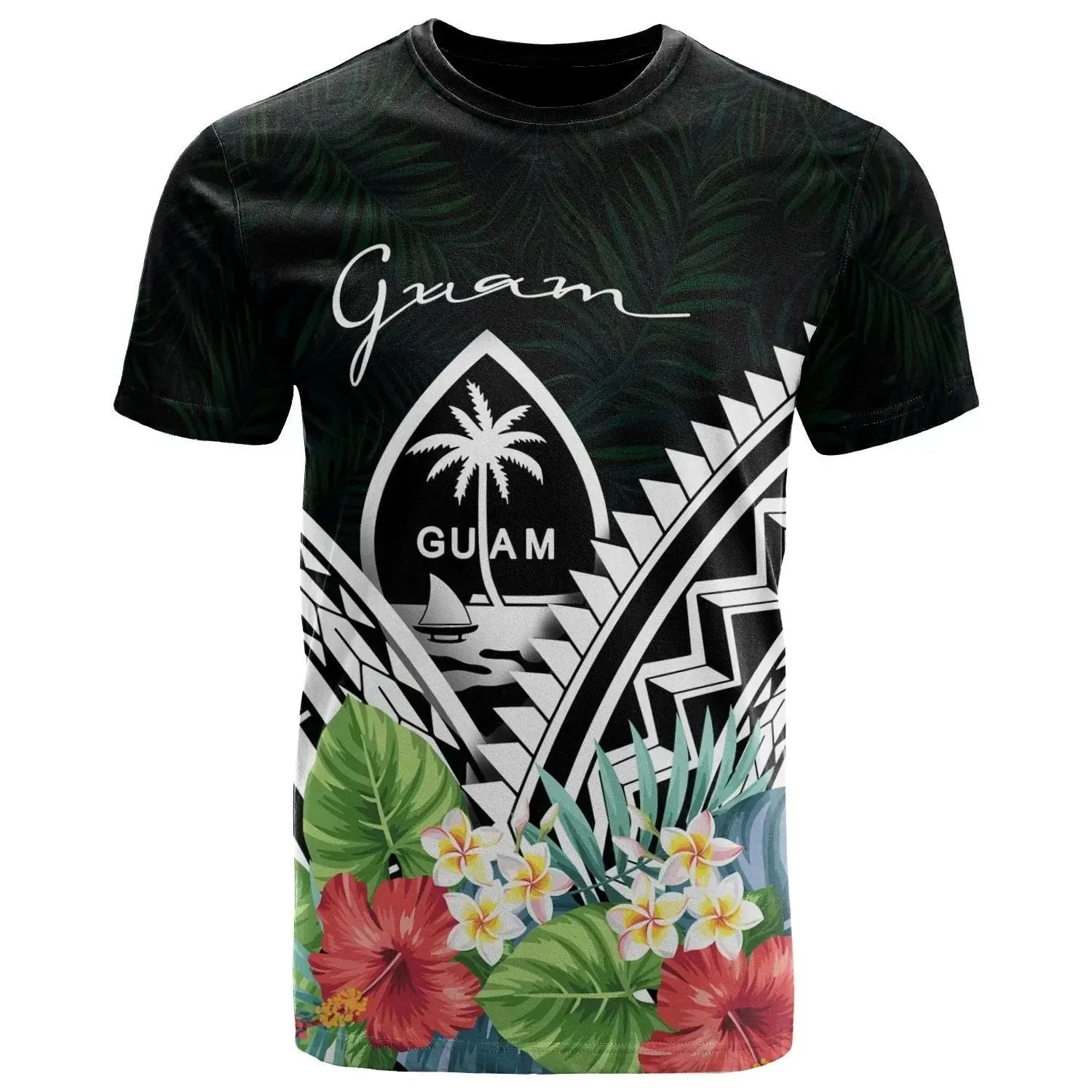 Guam Polynesian T-Shirts -Guam Coat of Arms & Polynesian Tropical Flowers White - BN22