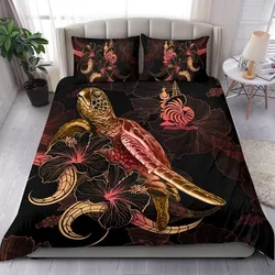 New Caledonia Polynesian Bedding Set - Turtle With Blooming Hibiscus Gold
