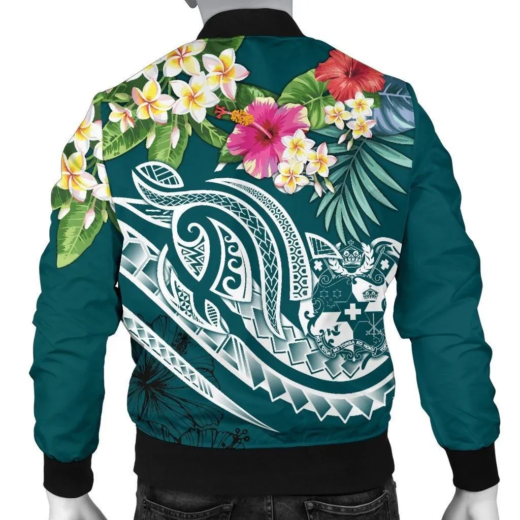 Tonga Polynesian Mens Bomber Jacket - Summer Plumeria (Turquoise)
