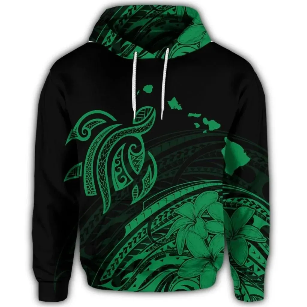 Alohawaii Hoodie - Hawaiian Turtle Polynesian Map Plumeria Hoodie Green - AH - JR