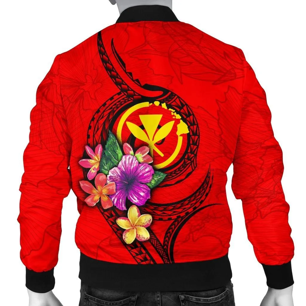Hawaii Polynesian Mens Bomber Jacket - Floral With Seal Red