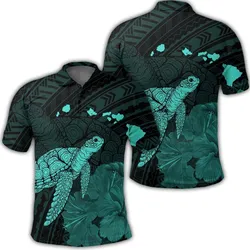 Hawaii Polynesian Hibiscus Turtle Map Polo Shirt Turquoise