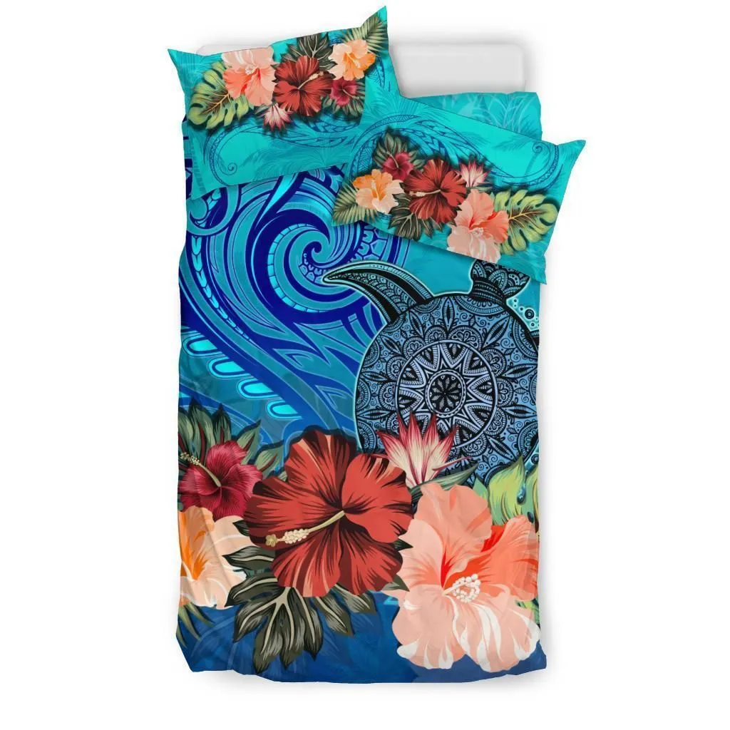 Turtle And Hibiscus Bedding Set Polynesian Blue