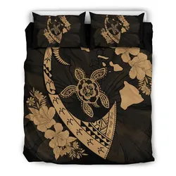 Hawaiian Map Hibiscus Turtle Fish Hook Polynesian Bedding Set Gold
