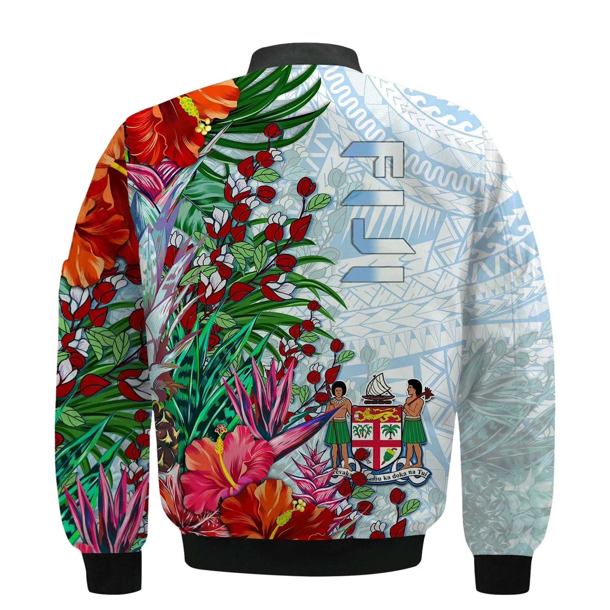 Fiji Bomber Jacket Proud Fijian Tapa mix Tagimoucia Flowers LT13