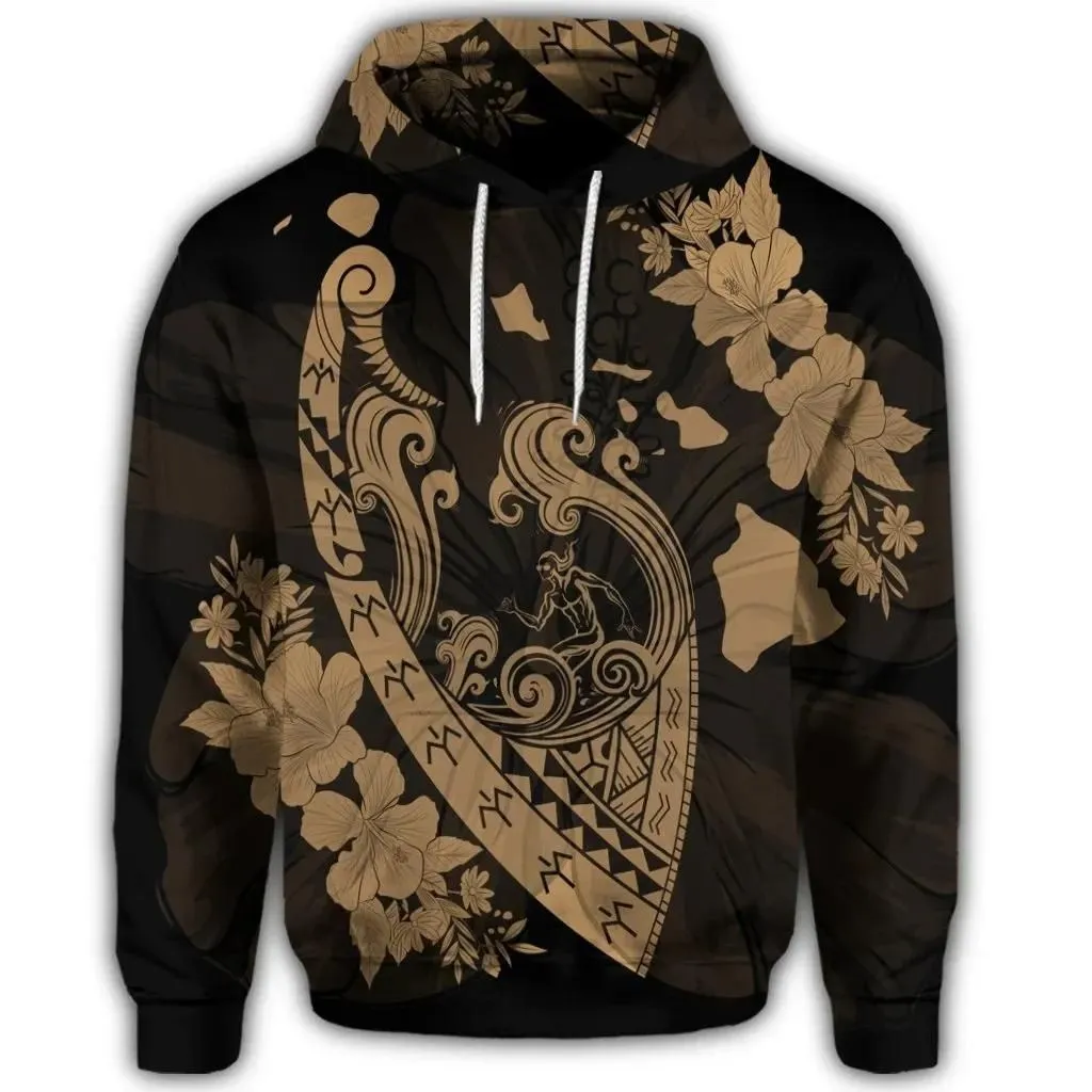 Alohawaii Hoodie - Hawaiian Fish Hook Hibiscus Banzai Surfing Polynesian Hoodie Gold - AH - J5R