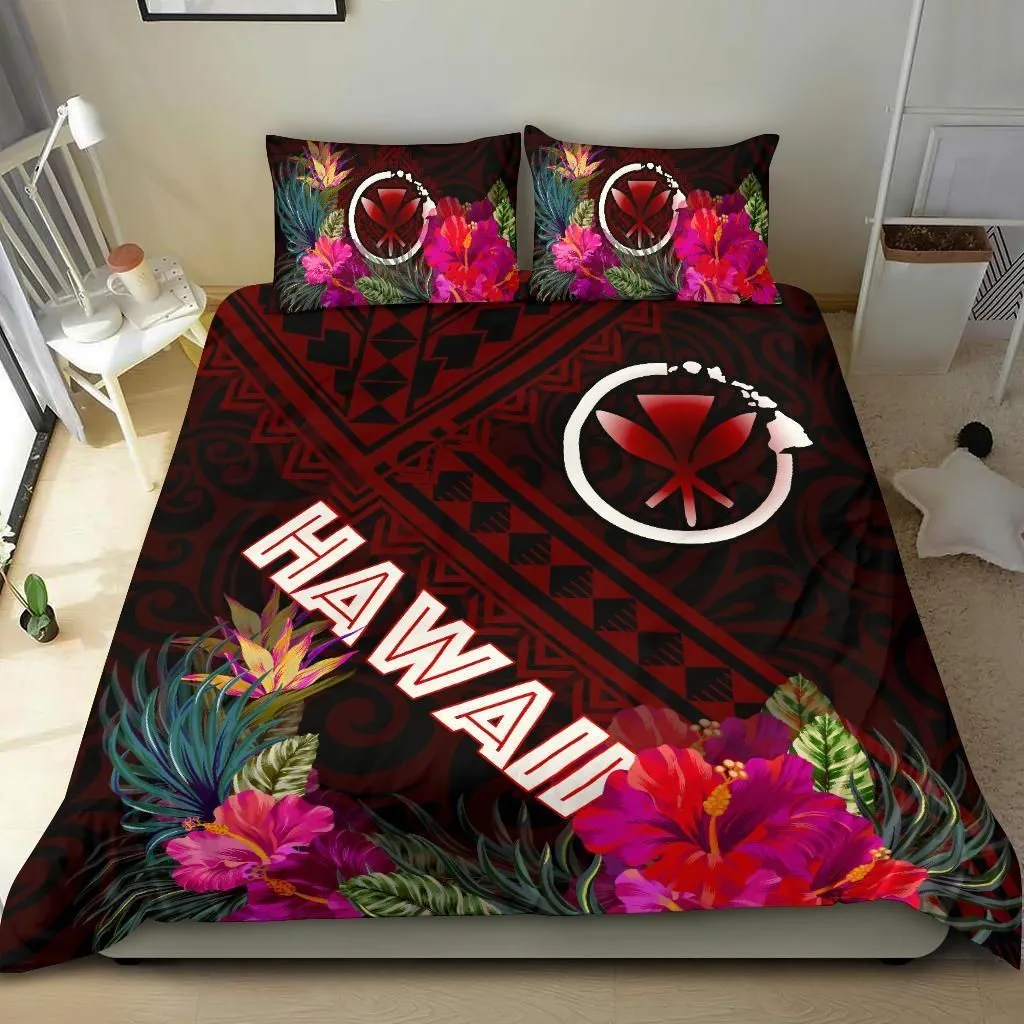 FamilyGater Bedding Set - Cover and Pillow Cases Hawaii - Kanaka Maoli With Hibiscus On Polynesian Patterns (RED) - BN25