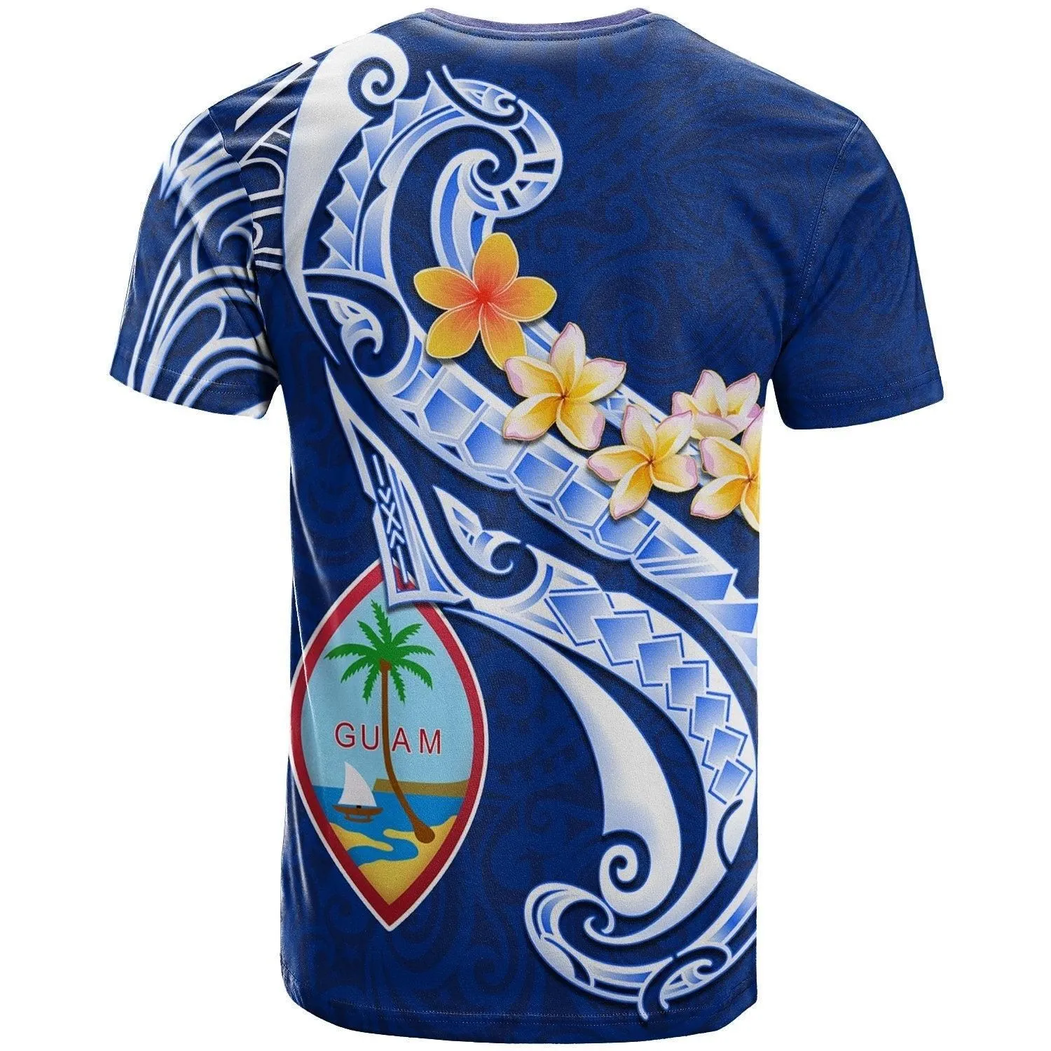 Guam PersonalisedT shirt - Guam Seal Polynesian Patterns Plumeria (Blue)