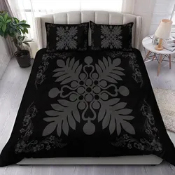Alohawaii Home Set - Hawaiian Quilt Maui Plant And Hibiscus Pattern Bedding Set - Gray Black - AH J8