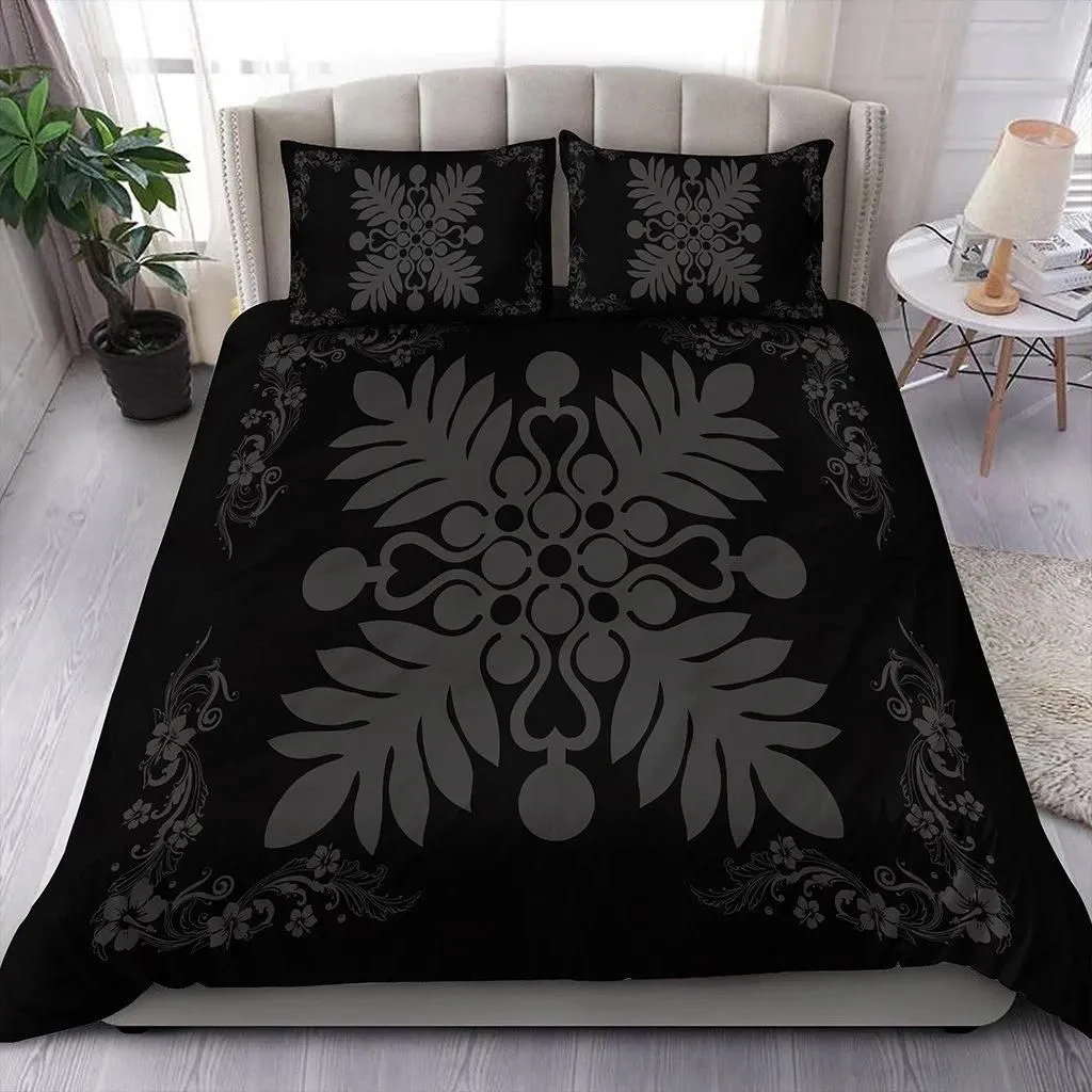 Alohawaii Home Set - Hawaiian Quilt Maui Plant And Hibiscus Pattern Bedding Set - Gray Black - AH J8