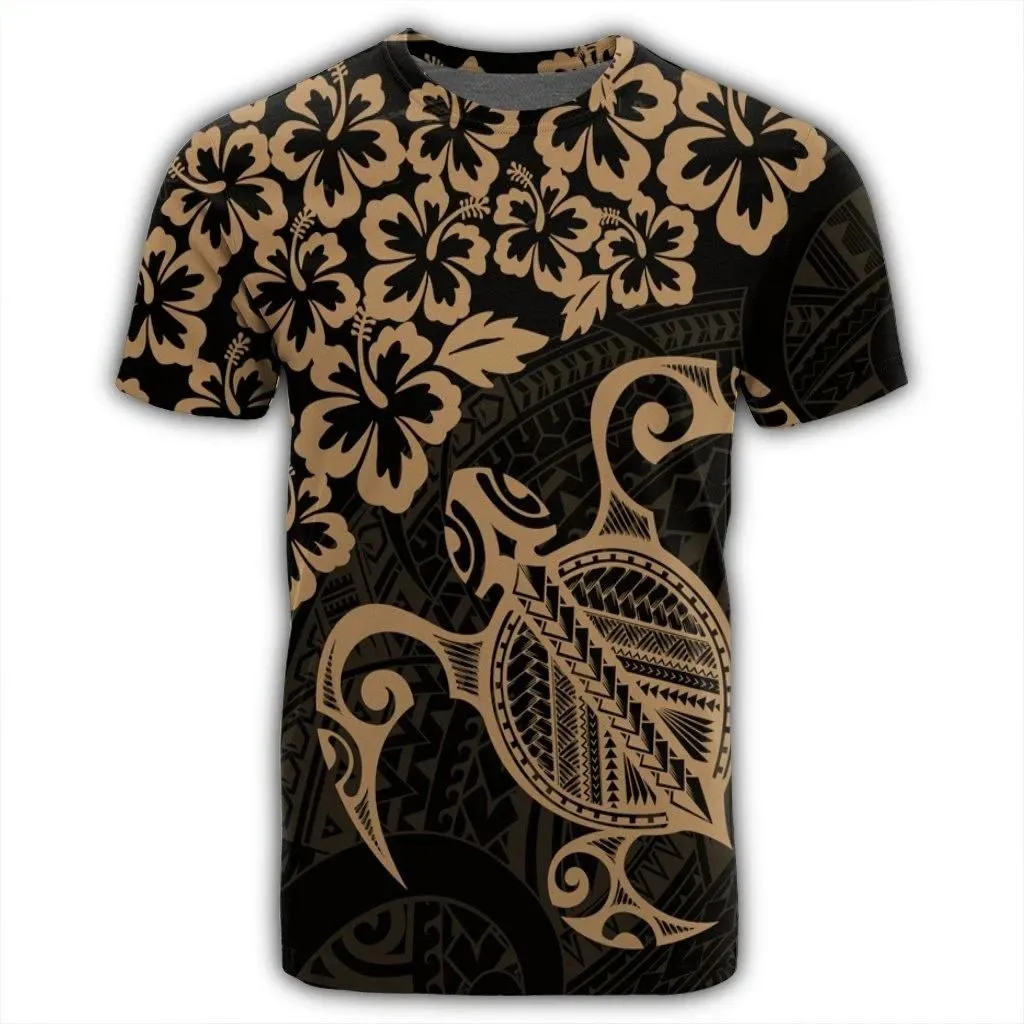 Alohawaii Tee - Hawaiian Map Turtle Hibiscus Kanaka Polynesian T-shirt Gold - AH - J4R