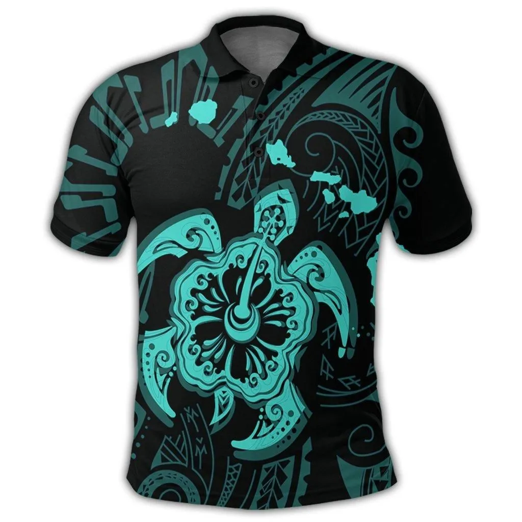 Hawaiian Map Kanaka Hibiscus Turtle Turquoise Polynesian Polo Shirt - AH