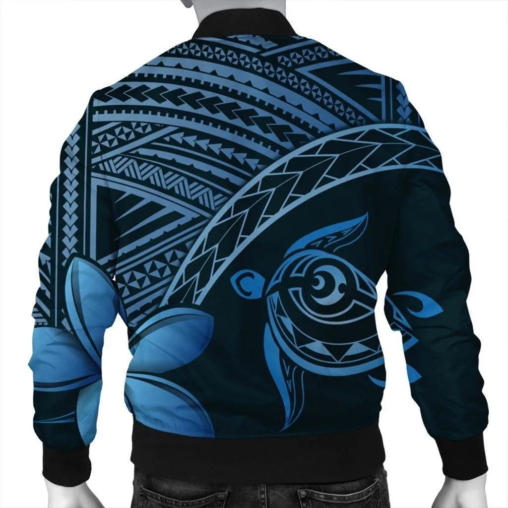 Hawaiian Turtle Plumeria Kakau Polynesian Quilt Bomber Jacket Neo Blue