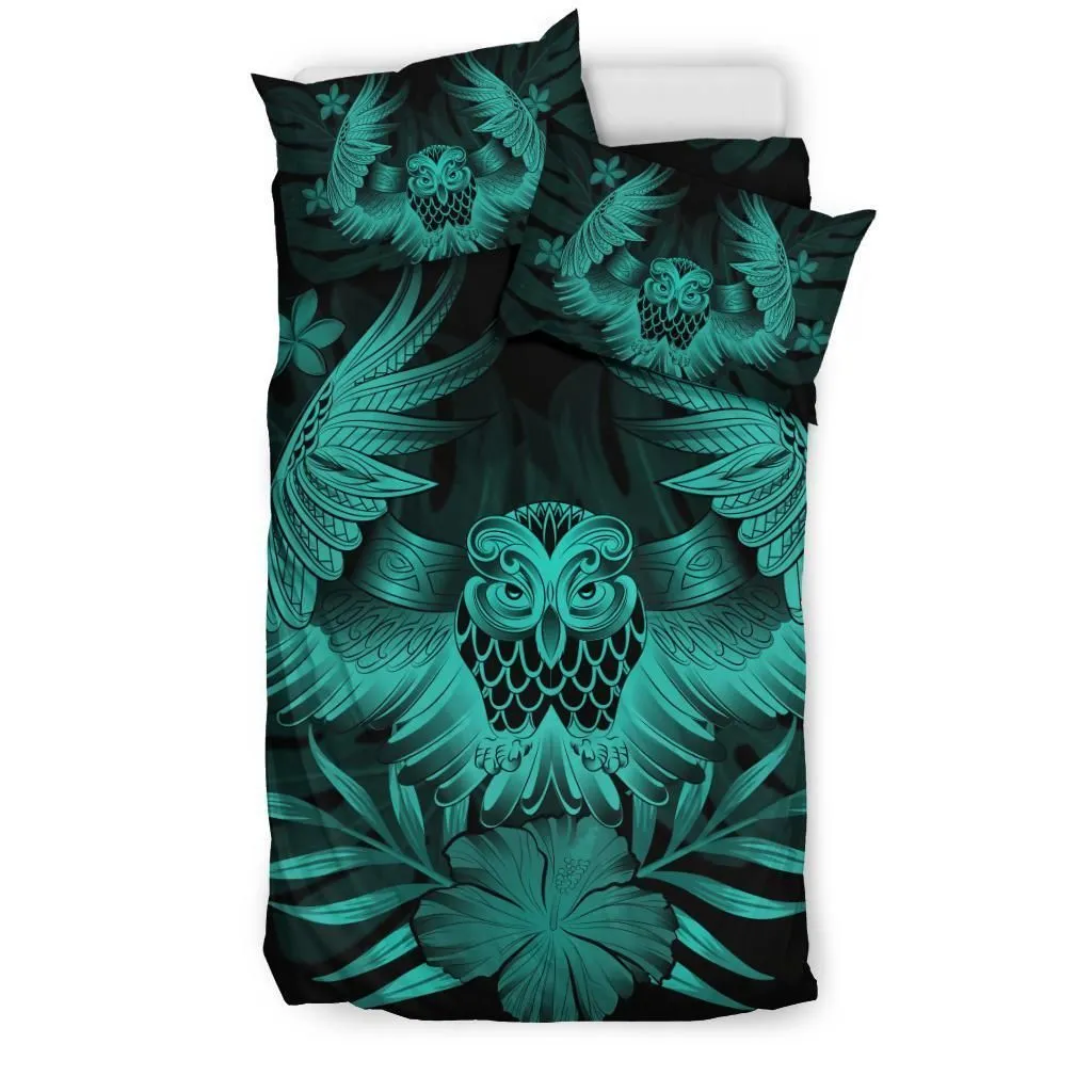 FamilyGater Bedding Set - Cover and Pillow Cases Hawaiian Owl Hibiscus Plumeria Polynesian - Turquoise - AH J4
