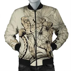 Hawaiian - Hawaii Turtle Hibiscus Polynesian Vintage Bomber Jacket - Beige - AH