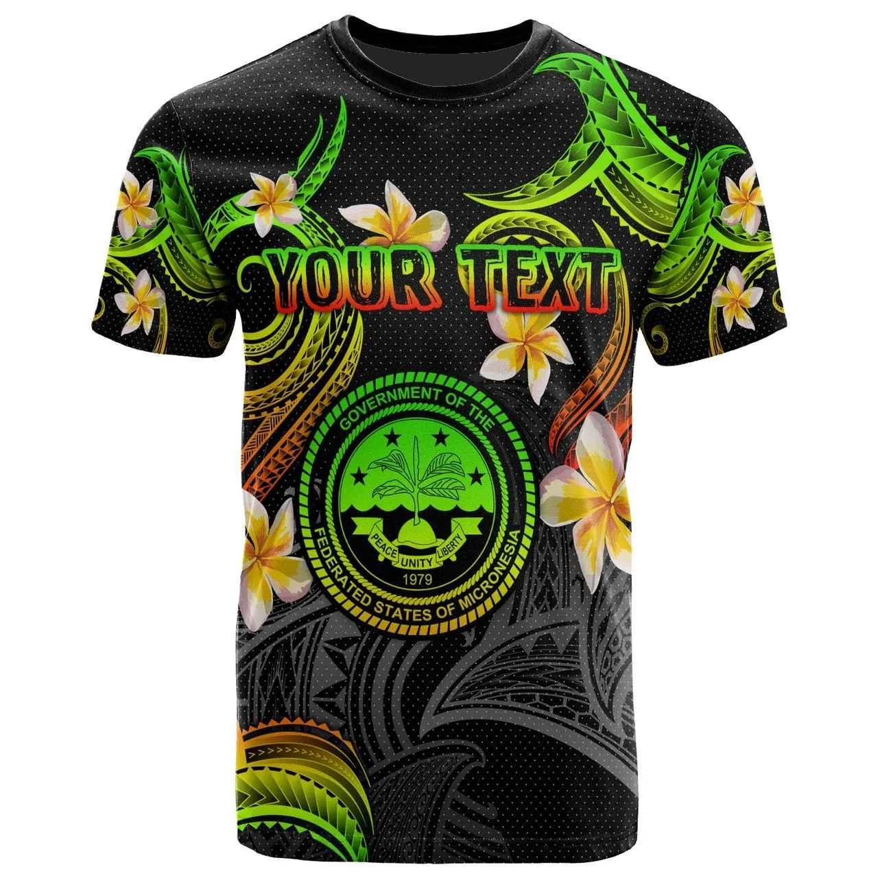 Federated States of Micronesia T-shirt - Custom Personalised Polynesian Waves with Plumeria Flowers (Reggae)