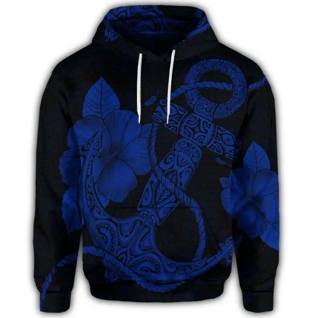 Alohawaii Hoodie - Hawaiian Anchor Poly Tribal Hibiscus Polynesian Hoodie Blue - AH - JR