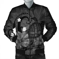 Hawaiian Map Big Turtle Hibiscus Plumeria Tribal Polynesian Bomber Jacket - Gray