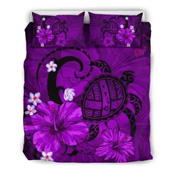 FamilyGater Home Set - Hawaiian Map Big Turtle Hibiscus Plumeria Tribal Polynesian Bedding Set - Purple - AH J9