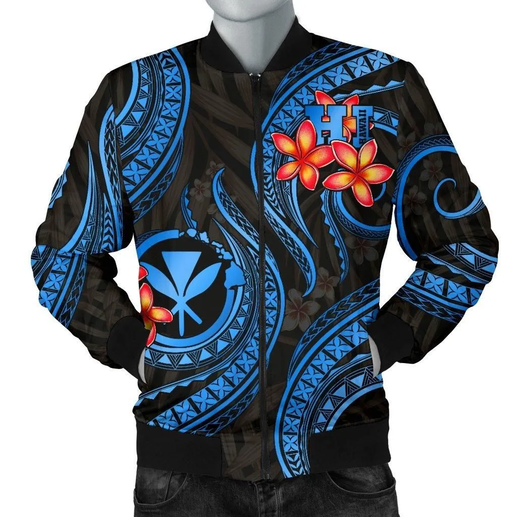 Polynesian Hawaii Men Bomber Jacket - Blue Plumeria