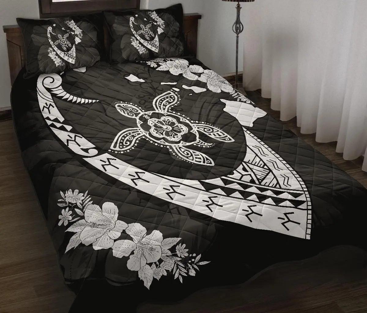 Hawaiian Map Hibiscus Turtle Fish Hook Polynesian Quilt Bedding Set