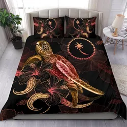 Chuuk Polynesian Bedding Set - Turtle With Blooming Hibiscus Gold
