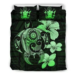 FamilyGater Bedding Set - Cover and Pillow Cases Cook Islands Hibiscus Plumeria Mix Polynesian Turtle Green J1