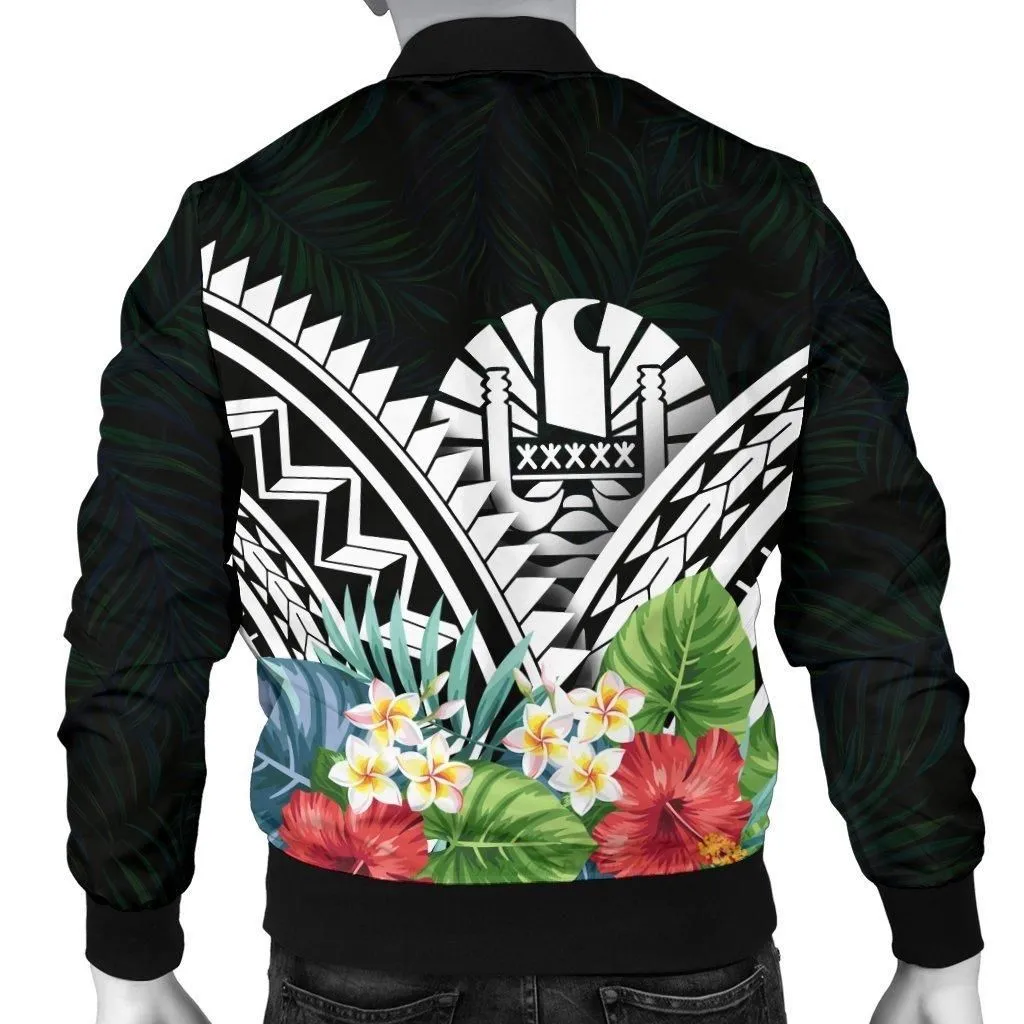 Tahiti Mens Bomber Jacket - Tahiti Caledonia Coat of Arms and Polynesian Tropical Flowers White