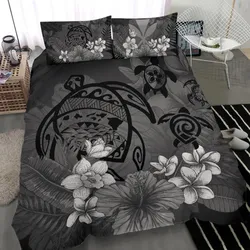 Alohawaii Home Set - Hawaiian Map Hibiscus Plumeria Kanaka Bouquet Turtle  Polynesian Bedding Set - Gray - AH J9