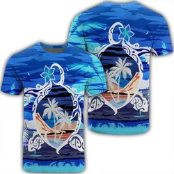 Hawaiian Turtle Plumeria Coconut Tree Polynesian T-Shirt Blue - AH