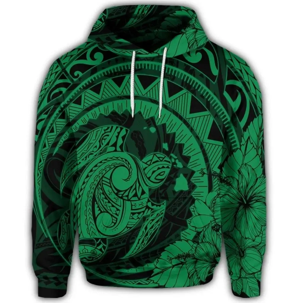 Alohawaii Hoodie - Hawaiian Kanaka Honu Map Hibiscus Globular Polynesian Green Hoodie - AH - JR
