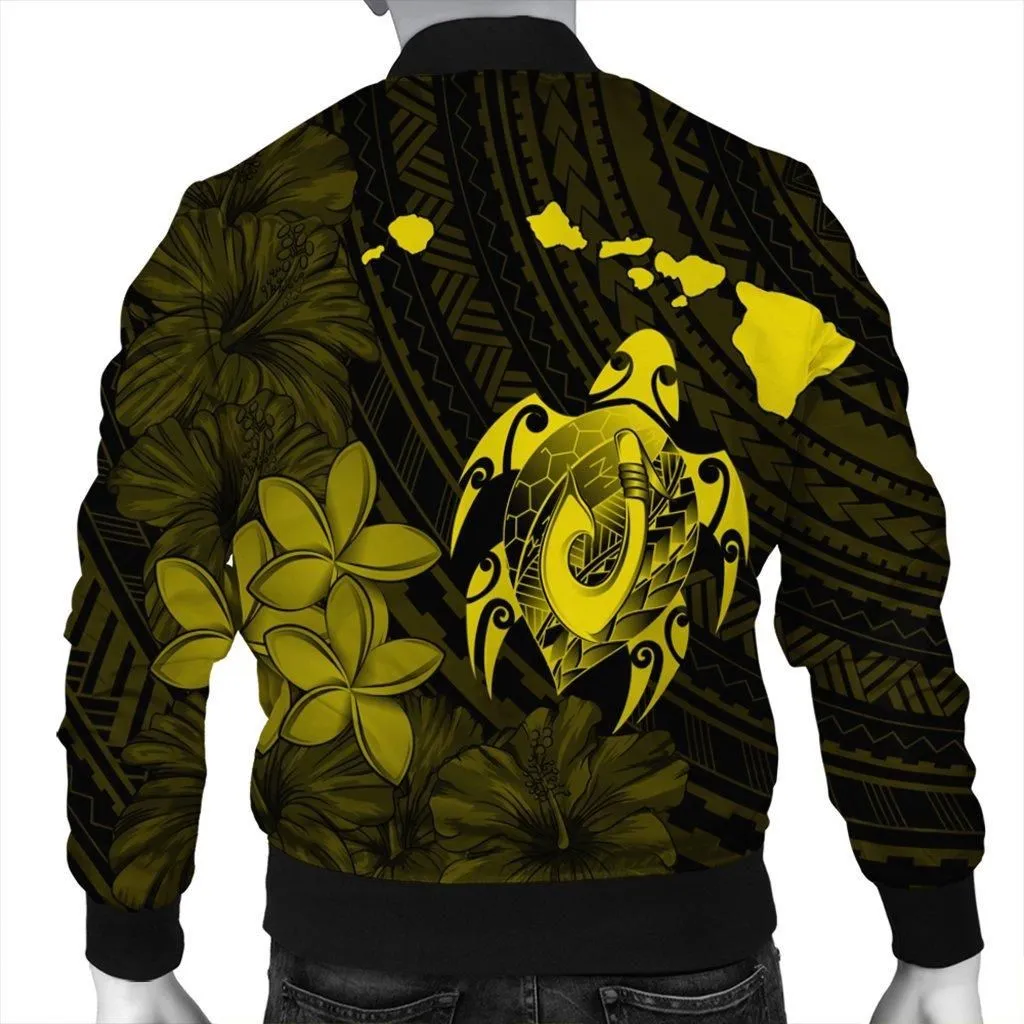 Hawaiian Map Turtle Plumeria Hibiscus Fish Hook Polynesian Bomber Jacket Yellow - AH