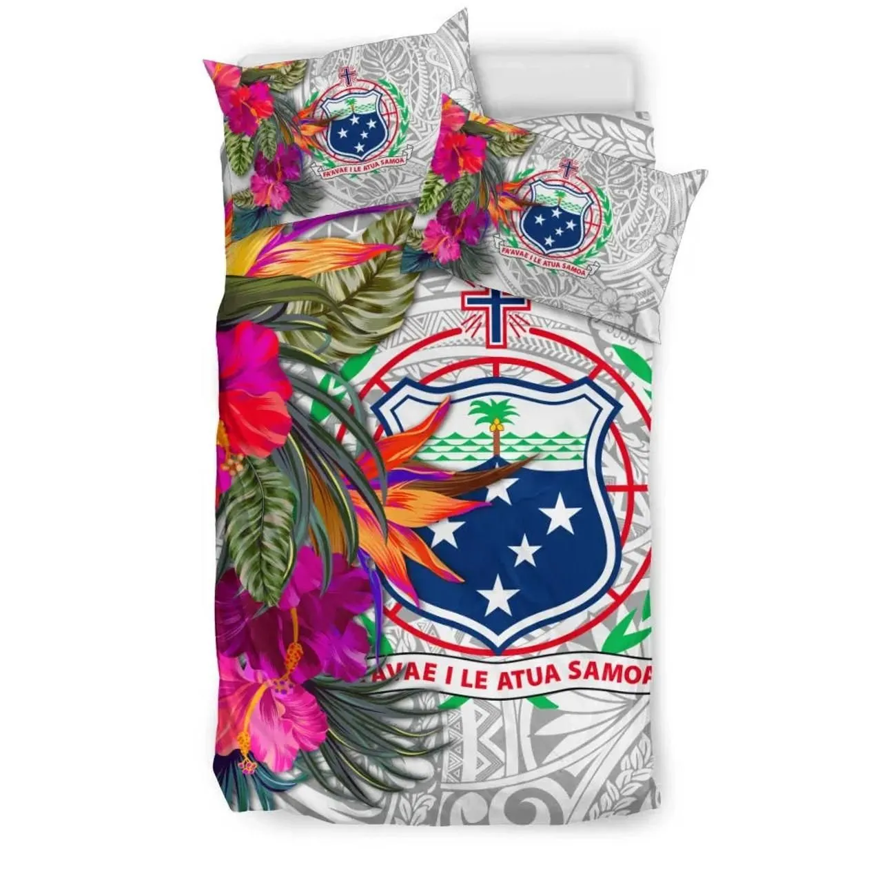 Samoa Bedding Set - Hibiscus Polynesian Pattern White Version