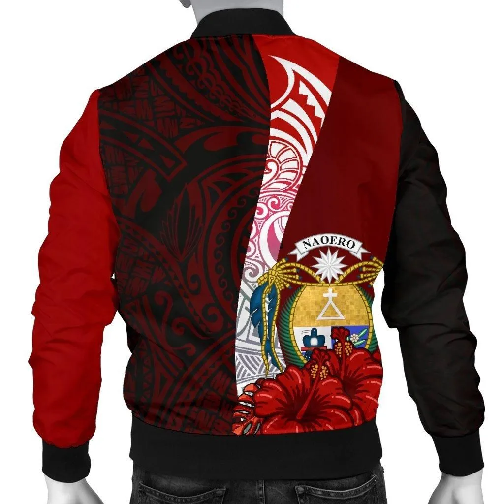 Nauru Polynesian Custom Personalised Mens Bomber Jacket - Coat Of Arm With Hibiscus