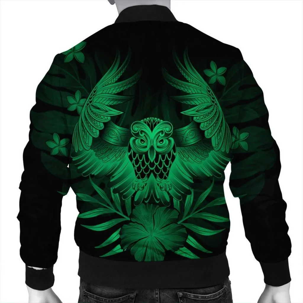 Hawaiian Owl Hibiscus Plumeria Polynesian Bomber Jacket - Green - AH