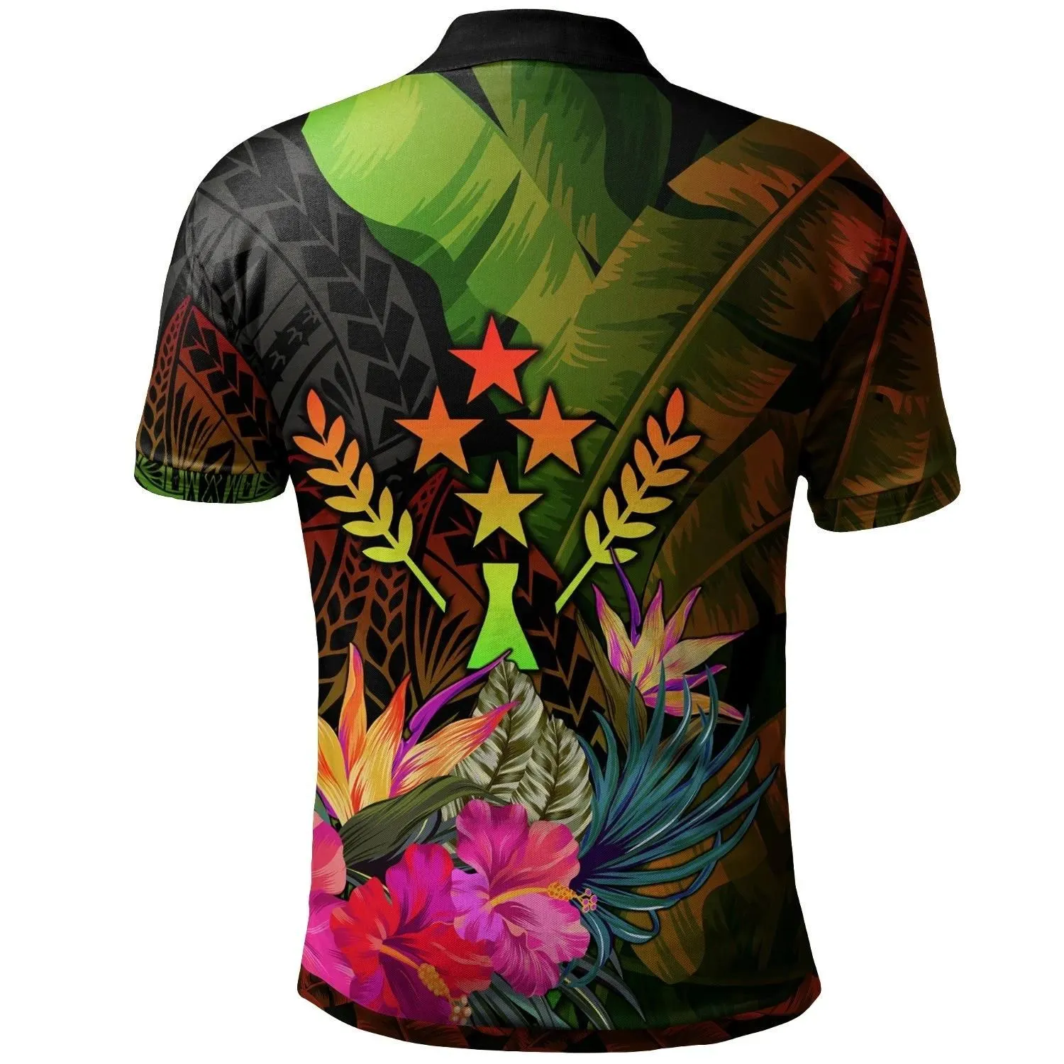 Kosrae Polynesian Polo Shirt -  Hibiscus and Banana Leaves - BN15