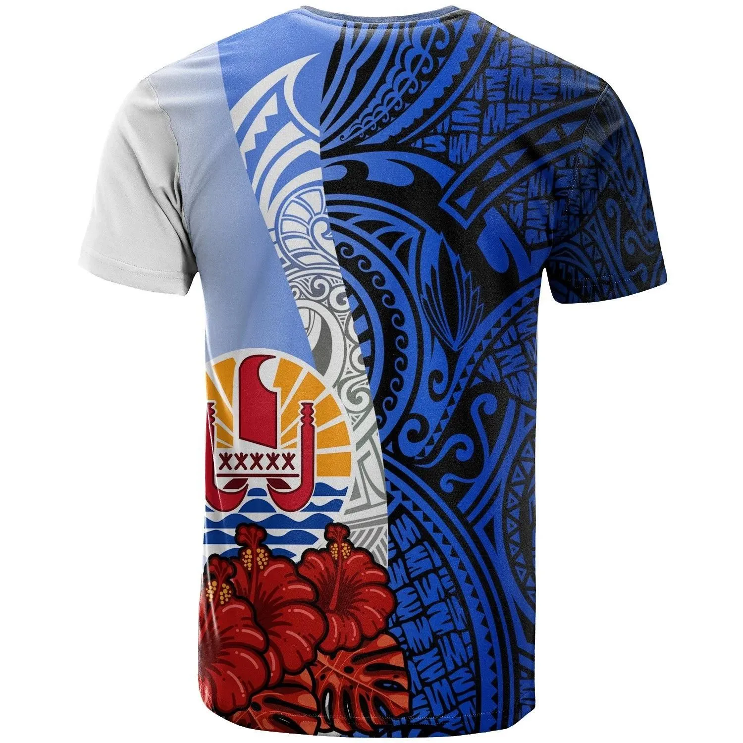 Tahiti Polynesian Custom Personalised T-shirt - Coat Of Arm With Hibiscus Blue - BN12