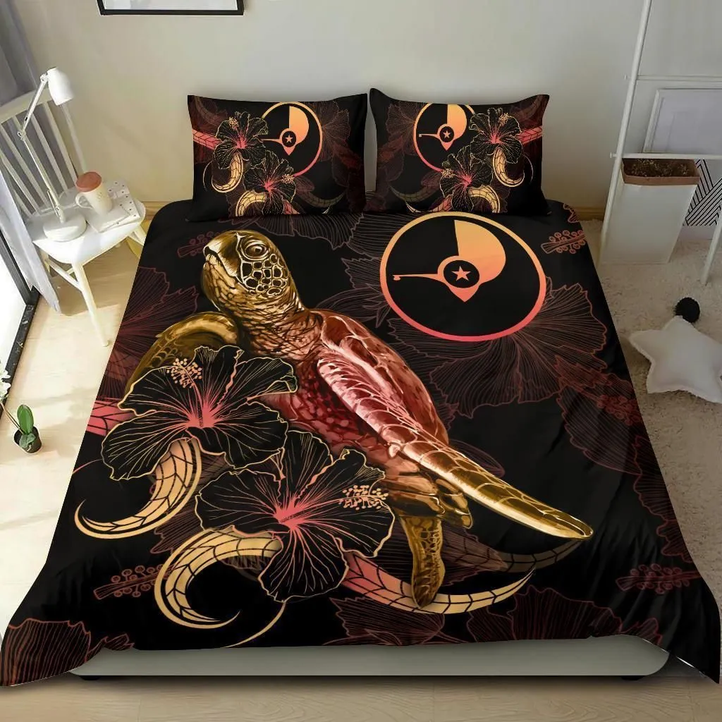 Yap Polynesian Bedding Set - Turtle With Blooming Hibiscus Gold